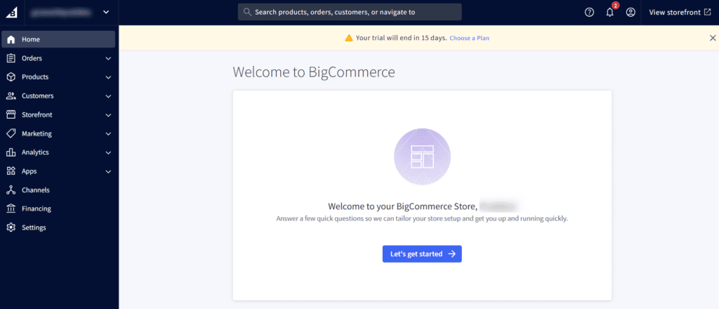 BigCommerce Dashboard Screenshot