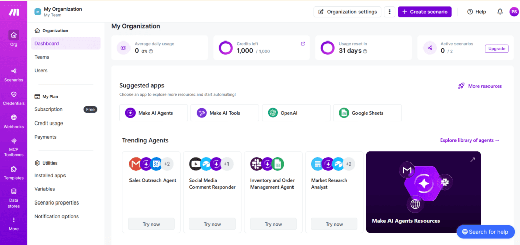 Integromat dashboard